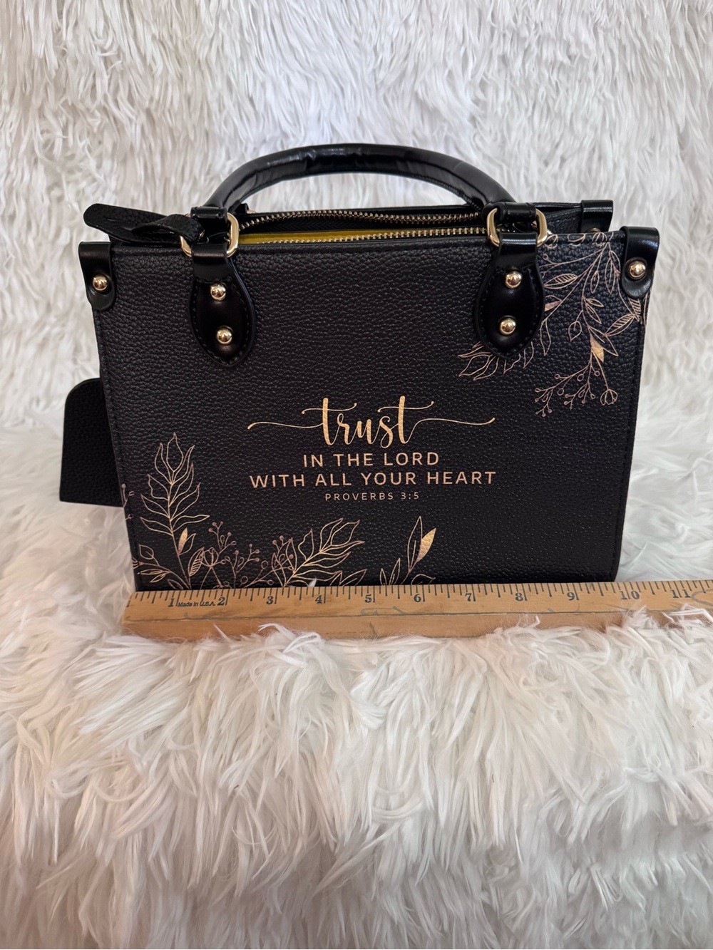 Black Top-Handle Satchel with Gold Script Scripture